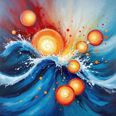 The primary subject of the image is a painting of a wave with a blue background. The setting is a water-based environment, and the visual style is a combination of digital art and illustration. The dominant colors in the painting are blue and orange, creating a vibrant and energetic atmosphere.